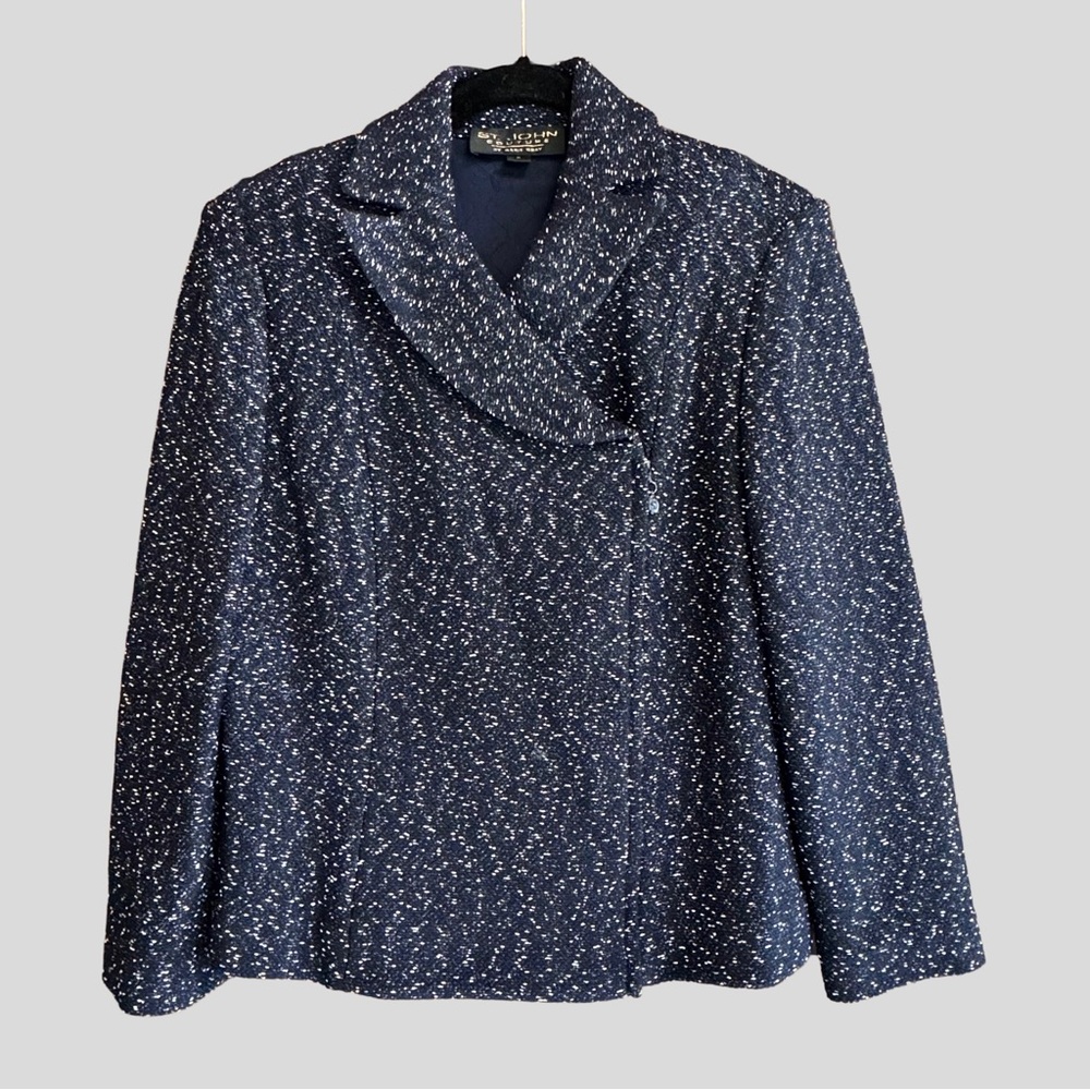 St. John Couture by Marie Gray Tweed Blazer Zip Jacket Navy White